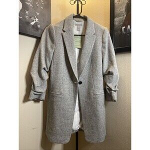 H&M Gathered Sleeve Jacket Gray Grey Melange Long Oversized Blazer Size XS